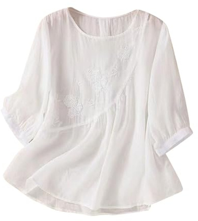 Chemisier Coton et Lin Manches Courtes pour Femme Blouses Ample Col Rond Tunique D'été Bohème Folklore Vintage Broderie Top Hauts Lâche Respirant T-Shirts Grande Taille Pas Cher Tunique Blouse Mode