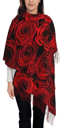 MDATT Röd ros blomma kvinnor traditionell scarf wrap tofs sjal fransar hals huvud sjal retro scarf tryck sjal, Svart, en storlek