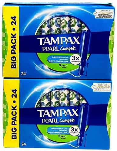 Tampons Pearl Compak Super with Smooth Plastic Applicator, 48 Count (2 Packs of 24), Leak Protection, Fragrance-Free