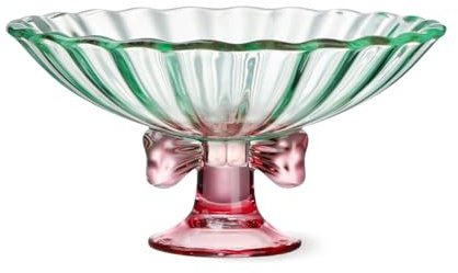 TUCHACA Glass Fruit Bowl. 9 inch Glass Pedestal Bowl. Elegant Bow Decoration Multicolor Salad Plate. Suitable for Fruit, Dessert, Candy, Snack & More. (Green & Pink)