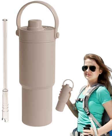 Termokoppar med lock, 735 ml termisk resemugg, dubbelväggig bilvattenflaska med handtag och sugrör, bärbar för sport, gym, skola