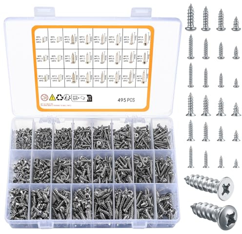495Pcs Self Tapping Screws Assortment Set, M3/M4/M5/M6 Stainless Steel Sheet Metal Screws, Phillips Drive Wood Screws Set for Deck Drywall Concrete Screws(220pcs Flat Head, 215pcs Round Head)
