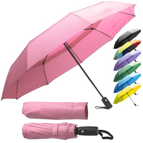 Compact Travel Umbrella - Small Backpack & Purse Umbrellas, Automatic Umbrellas, Umbrella, Windproof, Reinforced Fiberglass Ribs, Water-Repellent Teflon