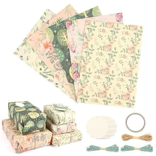 10 Blätter Geschenkpapier Geburtstag,Vintage Blumen Geschenkpapier Mädchen,70x50cm Wrapping Paper,Geschenk Verpackungspapier mit Etikett Juteschnur für Frauen Hochzeit Muttertag Geburtstag Taufe