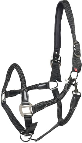 Imperial Riding IRHLaura - Cabestro de Nailon Resistente con Correa de Piel sintética y Elegantes Accesorios de Metal, Ajustable y cómodo para Uso Diario en establos, Color Negro