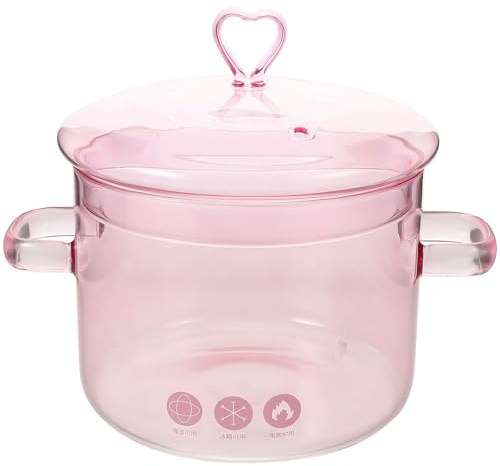 Cabilock Olla de vidrio para cocinar - Cacerola de vidrio de 1900 ml con asas y tapa rosa con forma de corazón - Olla eléctrica de borosilicato de para cocinar pasta a fuego lento en la cocina