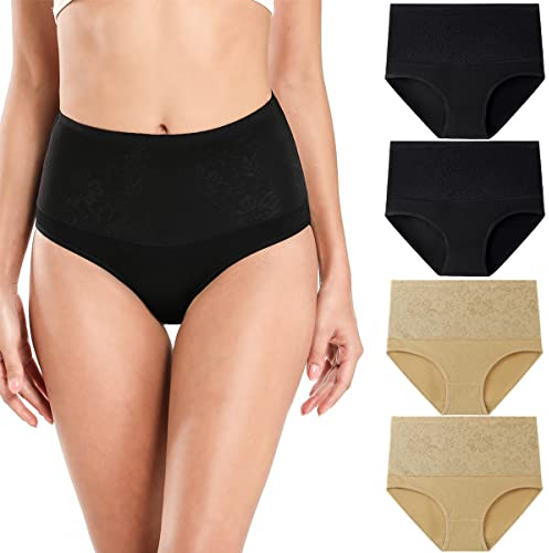 wirarpa Bauchweg Unterwäsche Damen Bauch Weg Unterhosen Baumwolle Slips 4er Pack Schwarz Beige Größe M