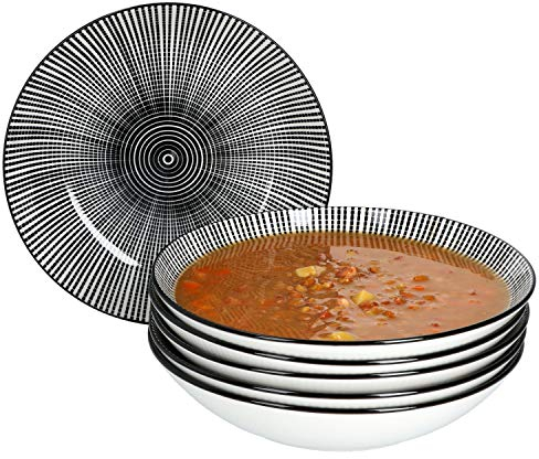 MamboCat Taipei Lot de 6 assiettes creuses en faïence pour 6 personnes – Design élégant et intemporel I Lot de 6 assiettes creuses – Avec motif moderne Black & White I Assiettes creuses noires et