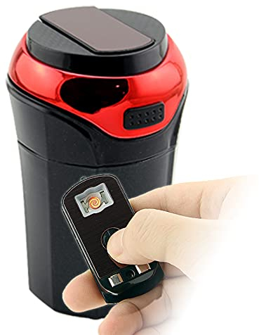 Auto Aschenbecher mit Feuerzeug und LED Licht, USB wiederaufladbar, Abnehmbarer Zigarettenanzünder mit Deckel (Klassisches Rot)