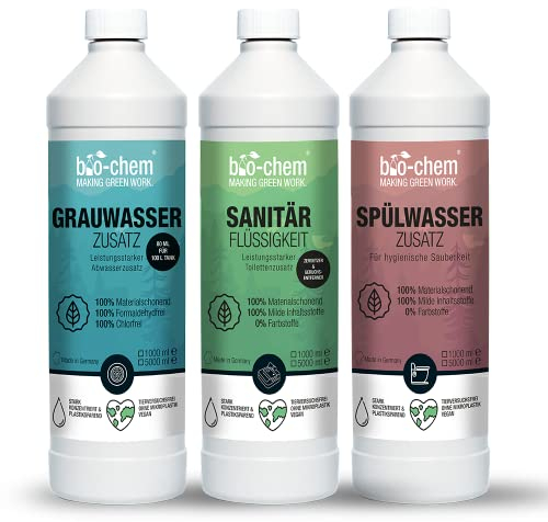 bio-chem Campingtank-Set 3-teilig: Bio Sanitärflüssigkeit 1 l + Grauwassertank-Zusatz 1 l + Spülwasser-Zusatz 1 l | Starke Tank-Reiniger zur effektiven Geruchsbekämpfung