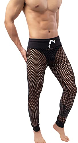 QiaTi Herren-Netzhose Mesh Durchsichtige Muskelleggings Dehnbare Lange Hose mit Kordelzug