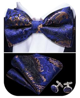 Barry.Wang Paisley Bow Tie for Men Silk Pre-Tied Bowtie Necktie Set | Woven Classic,Formal/Casual Mens Bow Tie,with Pocket Square Cufflinks Set,for Formal,Wedding,Prom,Party,Tuxedo