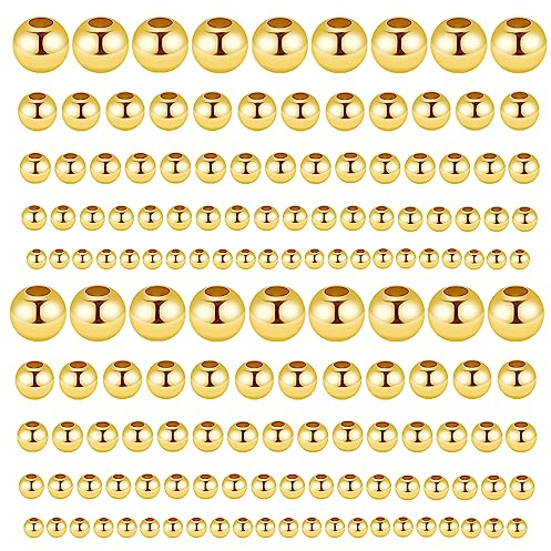 Abeillo 300 Stück Abstandshalter Perlen, 1,6/2,6/3,3/4,8/6mm Golden Perlen zum Auffädeln, Glatte Runde Spacer Perlen, Vergoldete Kunststoff Abstandsperlen für Armband Halskette Schmuck Herstellung