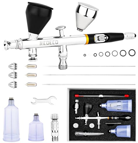 NEOECO SJ83 Airbrush, Self-Centring Plug-in Nozzle, 0.2, 0.3 & 0.5mm Nozzle Sets and oz Cup, Dual-Action Gravity Feed Airbrush with 2/3 oz and 4/3 oz Replacement Cups (Black)