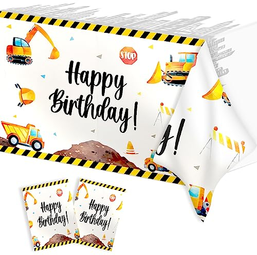 2 Stück Bagger Tischdecke Geburtstag Deko, Wasserdicht Plastik 137 x 274cm, Fahrzeuge Dekorationen für Kindergeburtstag Baby Shower Party