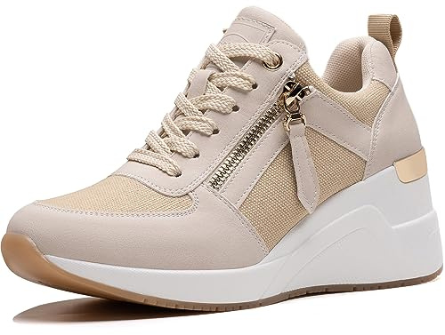 Viscozzy High Heel Wedge Sneakers for Women Dressy Platform Hidden Wedge Tennis Shoes Lightweight Fashion Heeled Sneakers Lace Up Women W139-SZW36-BEIGE-7.5