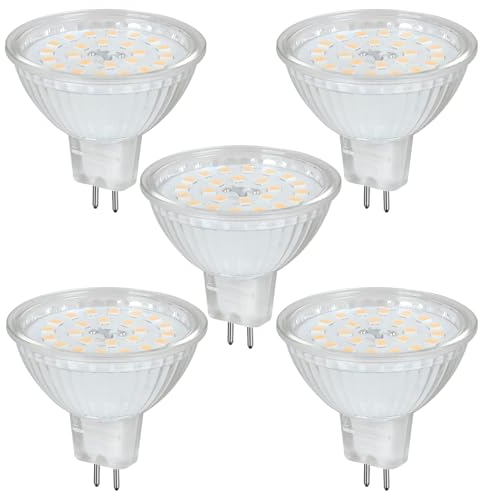 HCFEI 5 lampadine LED MR16, 12 V, 4 W, 485 lm, senza effetto stroboscopico, GU5.3, vetro classico, 120°, sostituisce 50 lampadine alogene, 5 anni di garanzia (bianco caldo)