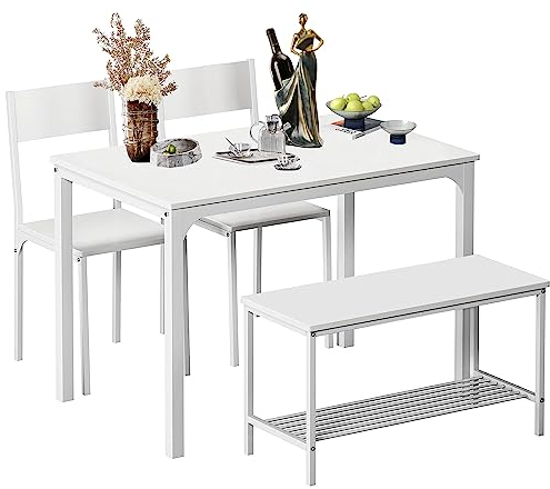 SogesPower Essgruppe für 4 Personen, Esstisch mit 2 Stühlen und 1 Bank, Esszimmertisch Set für Küche, Wohnzimmer und Essbereich