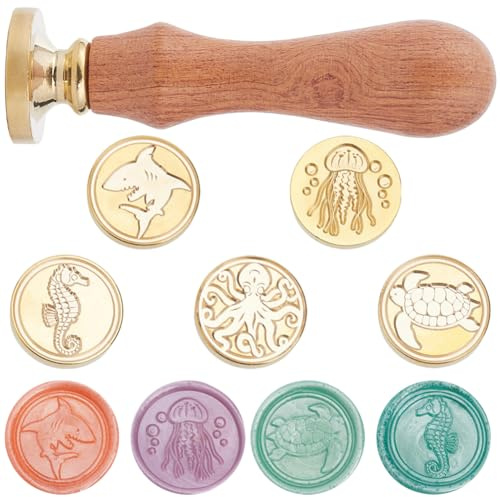 CRASPIRE 5 styles Océan Animal Sceau de Cire Tête de Tampon Tortues 25 mm Tête en Laiton Amovible Ensemble avec 1 pièces Poignée de Tampon de Scellage en Bois pour Enveloppes D'Anniversaire de Mariage