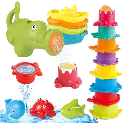 Baby Badespielzeug 16-Teiliges Bath Toys, Wasserspielzeug, Badespielzeug für Kinder, Gießkanne Stapelbecher Schwimmbadspielzeug Badewanne Spielzeug Geschenk für Jungen und Mädchen 1 2 3 4 Jahre