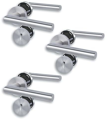 Rosett set I dörrbeslag i set om 3, satinerat rostfritt stål för 3 rumsdörrar med färgade skägghål, cliprosett Ø 52 mm, dörrhandtag, dörrhandtag