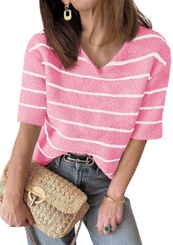 Saodimallsu Maglietta estiva da donna, a maniche corte, con scollo a V, casual, a righe, Colore: rosa., S