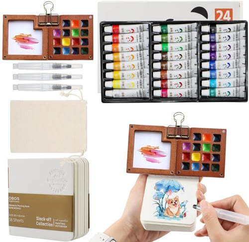 lafo Mini set da viaggio ad acquerello, set da 15 griglie, tavolozza portatile in legno, con carta ad acquerello, 24 colori, 3 pennelli ad acquerello, 1 sacchetto in cotone, clip