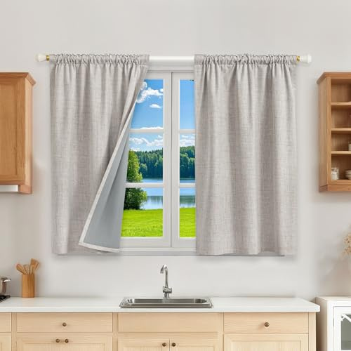 Runyéla 100% Rideau Occultant Thermiques Isolant Anti Froid, 2x90x120(LxH) Rideaux Lin Opaque avec Galon Fronceur pour Rail de Salon Chambre Masion Anti Chaleur Bruit Gris Blanc