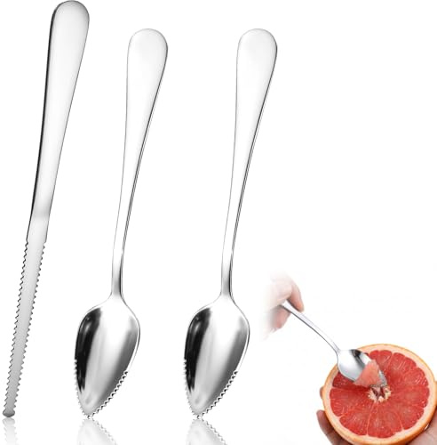 TIESOME Set di 3 cucchiai e coltelli per pompelmo, utensili per pompelmo, in acciaio inox, per agrumi, insalate, pitaya e dessert (2 cucchiai + 1 coltello)