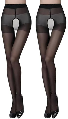 Lufdegim 2 Pairs Oil Shiny Suspender Tights Black Crotch Open High Waist Pantyhose Gloss Sheer Silk Stockings for Women (Black)