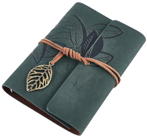 CALFOVERA A7 PU-läder anteckningsbok med snidade löv, omslag med inlägg för bok, vintage dagbok för skrivning, resor, arbete, anteckningsblock randig sida för män och kvinnor (mörkgrön)