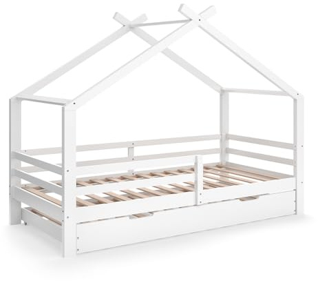 VitaliSpa Letto montessori bambini Luni, Bianco, 200 x 90 cm con letto per ospiti, come una piccola casa per un'atmosfera calda