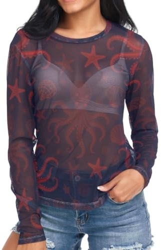 Dam vardaglig genomskinlig topp S-XXL, Röd djävulfisk, S