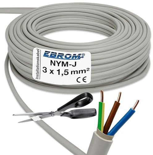 EBROM NYM-J 3 x 1,5 mm² - Cable de instalación - Cable de revestimiento - Cable para ambientes húmedos - Línea de instalación - Gris - Gran selección de cantidad en incrementos de 1 metro - 3 x 1,5