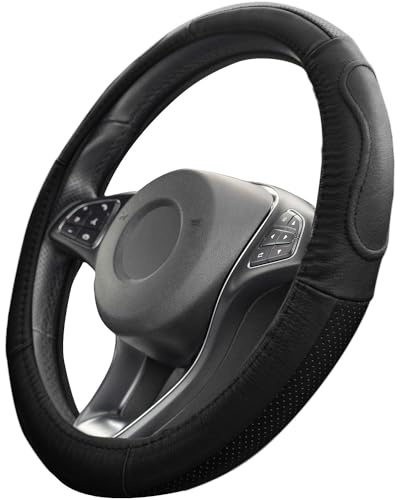 Upgrade4cars Coprivolante Auto Universale Nero in Finta Pelle | Copertura di Volante Diametro 37-39 cm | Accessori Auto Interno | Regali per Donna e Uomo