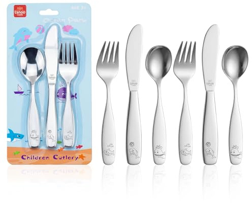 Lehoo Castle Toddler Cutlery Set, 6-Piece Stainless Steel, Ocean Park | 2 Complete Place Settings, Rounded Edges, Child-Sized Design, Dishwasher Safe, Self-Feeding Practice