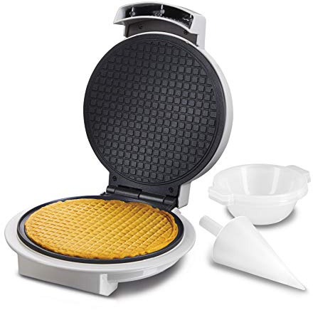 Proctor Silex Waffle Cone and Ice Cream Bowl Maker with Browning Control, Shaper Roller and Cup Press, 7.5” PFAS-Free Nonstick Plates, White (26410MN)
