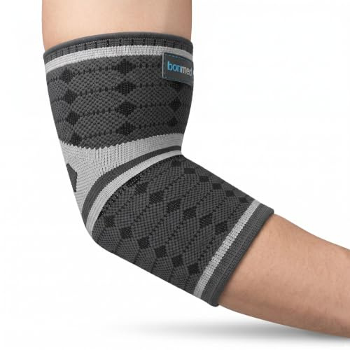 bonmedico Professionell Kusano unisex armbågsstöd, stöd för senor och muskler, elastisk kompressionstyg för att förebygga och ge smärtlindring, grå, L