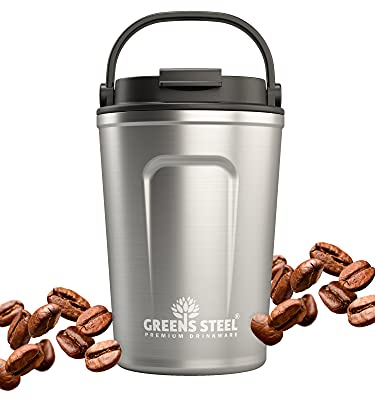 Greens Steel Wiederverwendbarer Kaffeebecher To Go - 350 ml, Silber I Trinkbecher mit Deckel & Griff I Edelstahl Thermobecher für Heiß- & Kaltgetränke I Auslaufsicherer Mug für Tee, Kaffee I BPA-Frei