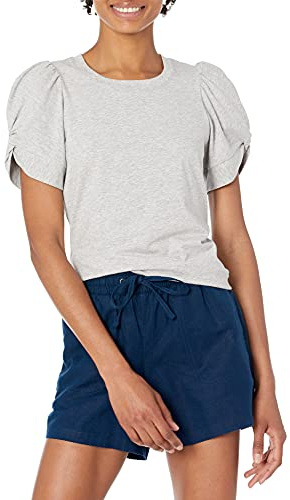 Amazon Essentials Women's Regular-Fit Puff-Sleeve Crewneck T-Shirt, Light Grey Heather, L