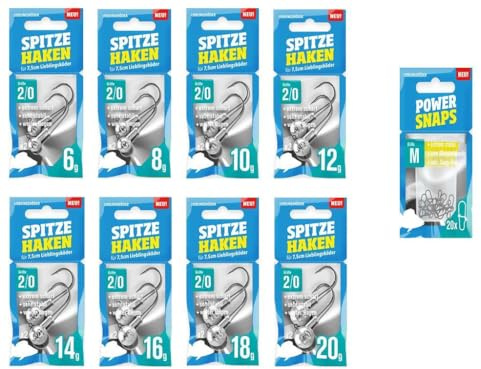 Spitze Haken Jigkopf-Set 2/0 - Lieblingsköder 7,5 cm - 16 Jigköpfe + 20 Snaps