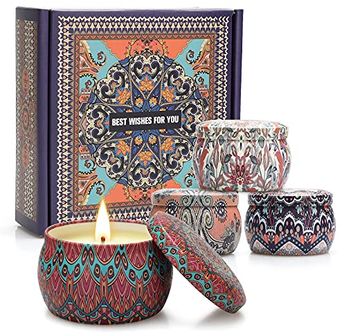 4 Pezzi Candele Profumate, 500g San Valentino Set Regalo Donna, Cera di Soia Naturale Brucia per 120 Ore, Festa della Mamma Idee, Alleviare Lo Stress, Bagno