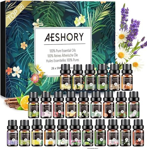 AESHORY Set di Oli Essenziali 26 x 5ml,100% Naturali Olio Essenziale per Diffusori, Umidificatore, Aromaterapia, SPA, Candele Fai Da Te, Profumate - Lavanda Arancia Dolce Eucalipto Citronella Limone
