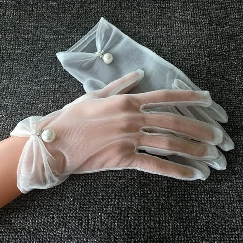 VITAU Guantes Blancos para Vestido de Novia, Guantes Cortos de Encaje con Lazo de Malla, Accesorios de Boda, Fiesta, graduación, Rendimiento, Guantes de Novia para Mujer