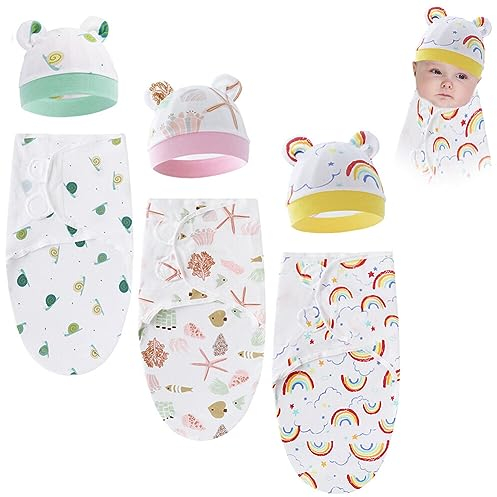 MoreChioce 3 Stück Baby-Pucktuch und Mütze, Baby-Empfangssack-Kappen-Set Pucksack für Neugeborene 50cm x 70cm Baumwollschlafsack Wickeltuch für Babys von 0–6 Monaten,Typ 9