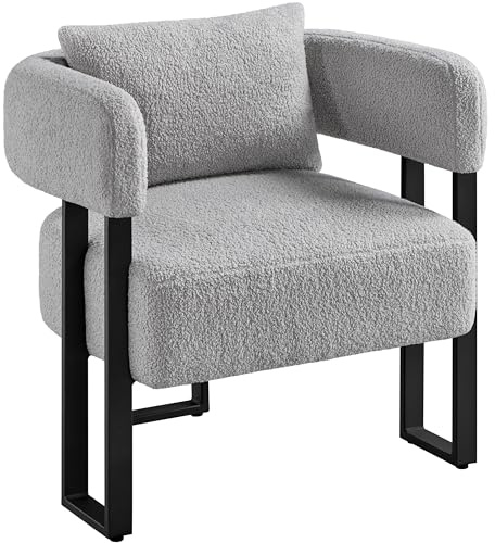 Yaheetech Tub Chair, Modern Boucle Fabric Vanity Chair, Cozy Accent Chair with Metal Legs and Lumbar Pillow, Upholstered Armchair for Living Room Makeup Room Bedroom, Grey