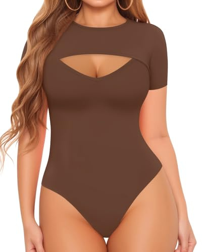MANGOPOP Womens Short Sleeve Bodysuit V Shape Cutout Front T Shirt Body Suits (Coffee, X-Small)