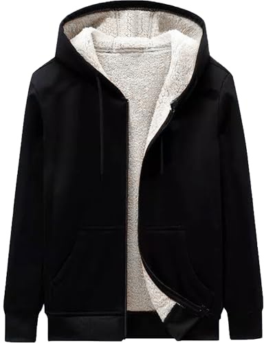 WJL WHISPERING JONES LONDON Mens Classic Hooded Sherpa Fur Lined Padded Fleece Jacket Hoodie Full Zip Menswear Hiking Warm Outdoor Coat S-XXL, Black, XXL