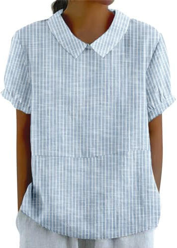 Chemise Femme D'éTé Haut Chic Et ÉLéGant Coton Lin T-Shirt Manche Courte Col en V Chemisier Tunique Tops avec Boutons DéContractéS Ample Couleur Unie Blouse