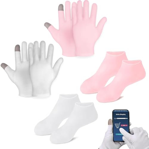 Guanti Idratanti Touch Screen, 2 paia di Cotone Guanti Touch Screen,2 paia di Calzini Idratanti,per la Notte di Andare a Dormire Guarire l'eczema lozione per Dormire Mani Spa Trattamento Riparazione